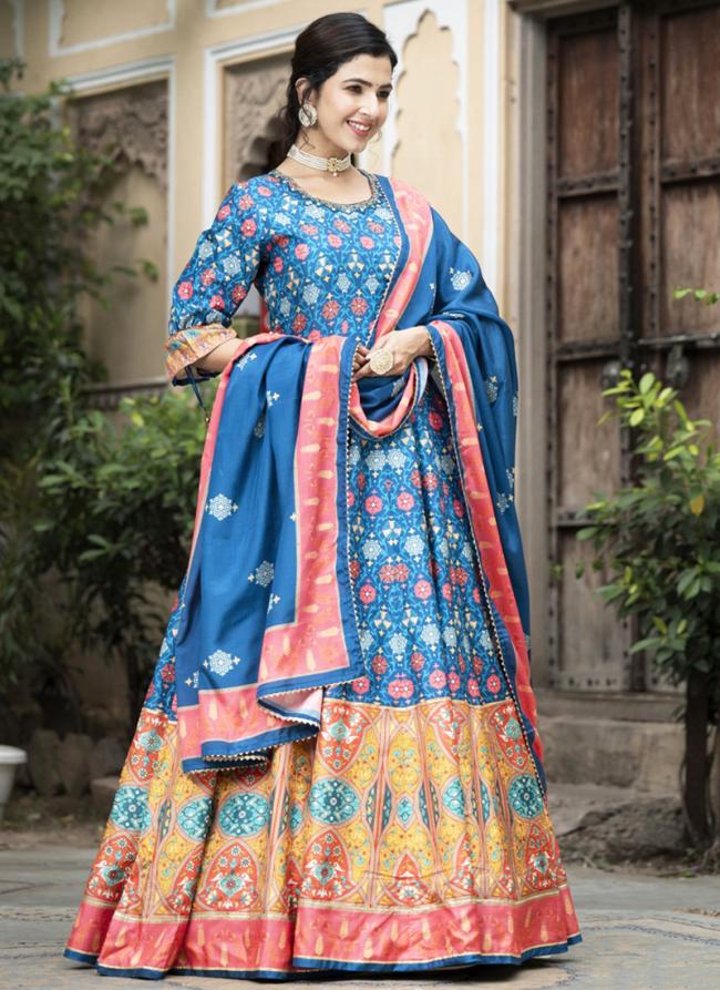 Dola Silk Multi Colour Festival Wear Printed Readymade Gown With Dupatta